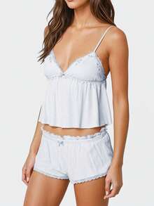 Women's Summer Pajamas Set Stylish Embroidery Lace Trim Camisole Tops With Shorts Lounge Wear 2 Pcs Set - 藍色 - 查看 2