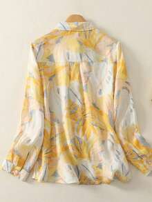Women's Tropical Plant Print Long Sleeve Loose Fit Button-Up Shirt - Yellow - View 2