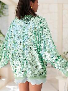 Sequin Tops For Women Lons Sleeve Blouse Contrast Color Neckline For Women Dressy Sparkly Tops V Neck Outfits For Party Glitter Tops - màu xanh lá - Xem 10