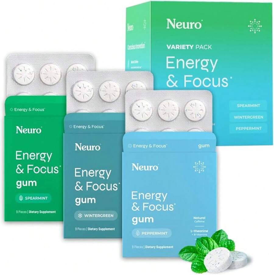 NeuroGum Energy & Focus Gum (54 Count-6 Pack, Peppermint) |   40mg Natural Caffeine + L-Theanine + Vitamin B12 & B6 + Xylitol |   Sugar Free Nootropic Cognitive Brain Performance Supplement - Đa dạng - Xem 1
