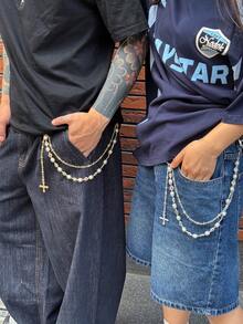 1pc Vintage Elegant Minimalist Colorful Crystal & Faux Pearl Pants Chain, Unisex Punk Hip-Hop Diagonal Cross Chain, For Pants Decoration, Casual Outdoor, Travel, Date Wear