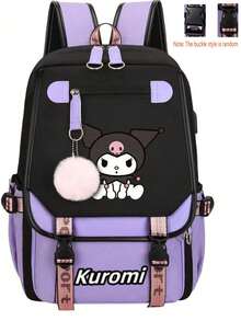 Sanrio Sanrio Kuromi Anime Cartoon Backpack , Nylon Laptop Backpack For Boys And Girls, Multiple Compartments, External Device Ports, Waterproof Design, Adjustable Shoulder Straps, Suitable For School And Daily Use As Well As Travel, Cute Cartoon Printing, Themed Lunch Bag, Backpack Durable Zipper Closure, Back-To-School Supplies