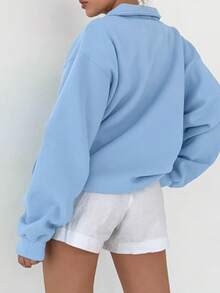 大码女式浅蓝色长袖针织卫衣，半拉链纽扣设计，休闲时尚，中等弹力面料，春季款 - 淺藍色 - 查看 2