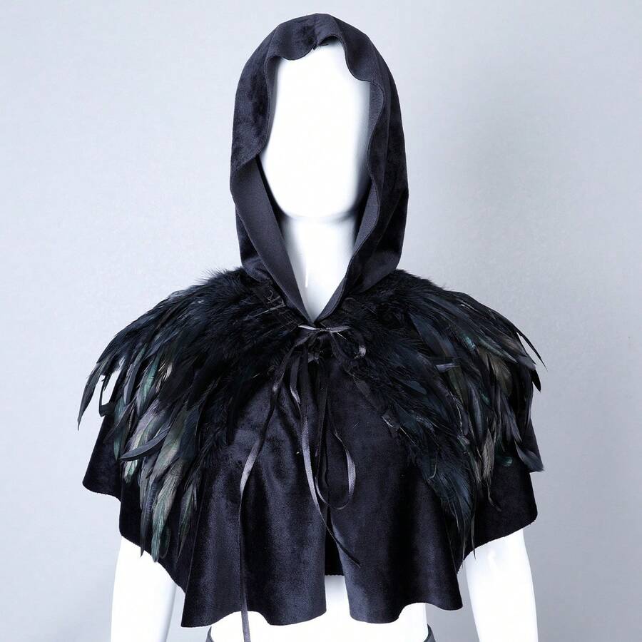 1pc Halloween Feather Shawl Short Velvet Cloak, Performance Party Feather Fake Collar Scarf Fur Cape
