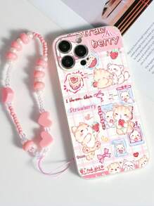 1 husă de telefon albă TPU rezistentă la șocuri, cu model drăguț de pisicuțe și căpșuni, și 1 curea de mână cu mărgele roz în formă de inimă, compatibilă cu Apple/Huse de telefon asortate/Huse de telefon cu șnur/Huse de telefon pentru brățară/Huse de telefon distractive - Multicolor - Vizualizare 1