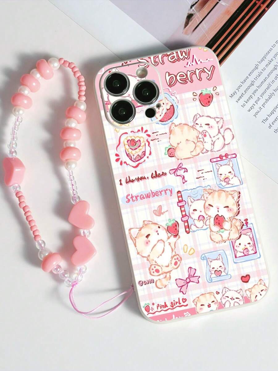 1 husă de telefon albă TPU rezistentă la șocuri, cu model drăguț de pisicuțe și căpșuni, și 1 curea de mână cu mărgele roz în formă de inimă, compatibilă cu Apple/Huse de telefon asortate/Huse de telefon cu șnur/Huse de telefon pentru brățară/Huse de telefon distractive - Multicolor - Vizualizare 1