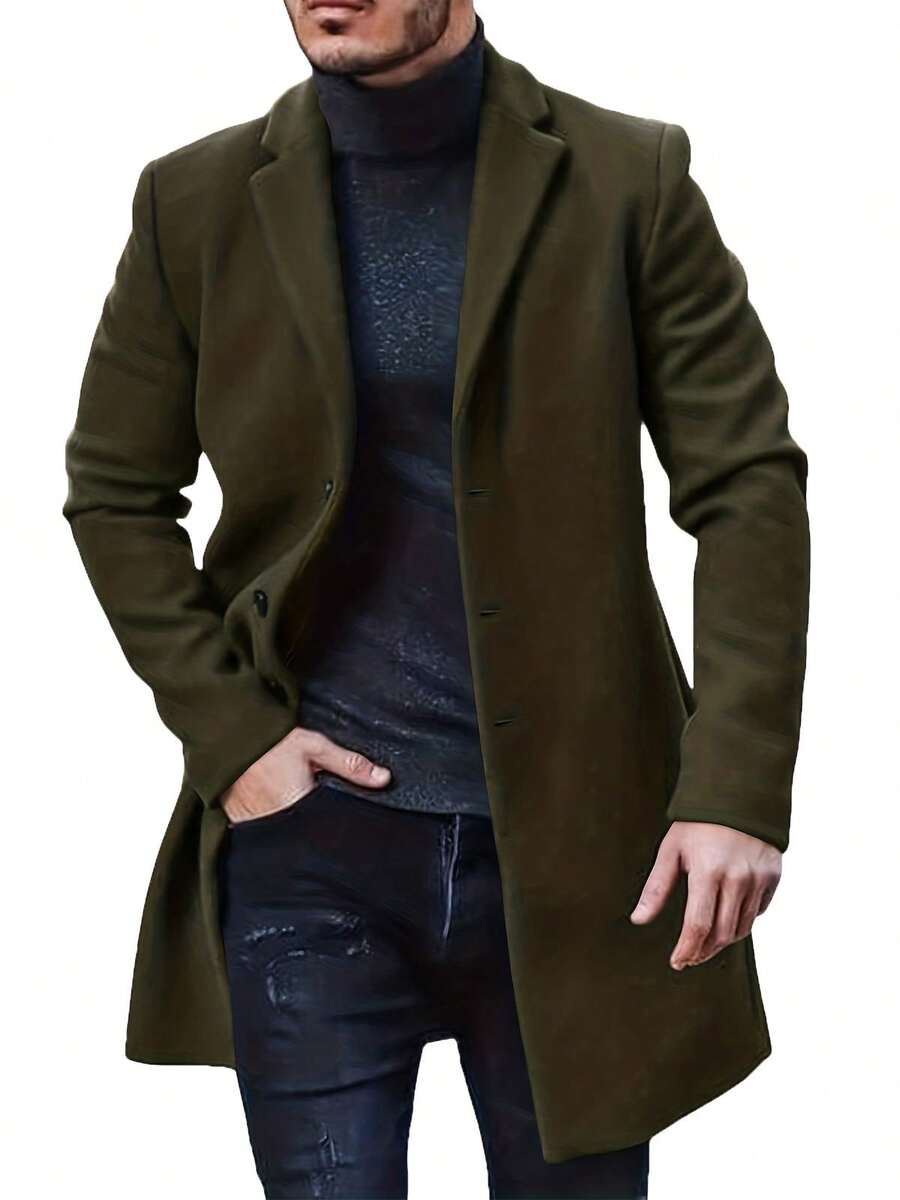 RANTAR Mens Trench Coat Slim Fit Notched Collar Fall Winter Single Breasted Pea Coat Warm Soft Overcoat - 軍綠色 - 查看 1