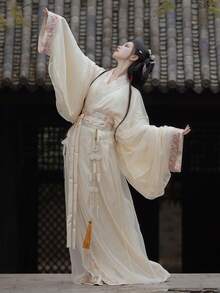 2025 Improved Chinese Traditional Hanfu Dress, 3 Pieces Set, Daily Commute & Travel Photography, Elegant Water Ink Jacquard Skirt - White - View 3