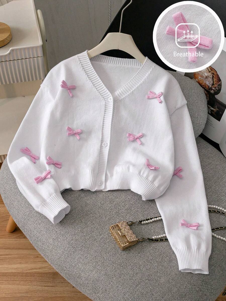 Girls' Cute Solid Color 3D Bow Short Knitted Cardigan, Suitable For Casual Daily Wear, Spring & Autumn - White - View 1