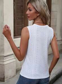 Women's Round Neck Hollow Out Regular Length Polyester Camisole, Sleeveless Eyelet Design, Slightly Stretchy - Green+White+Black - View 6