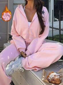 2pcs Set: Casual Versatile Hooded Zip-Up Star Print Sweatshirt Jacket And Drawstring Straight Leg Pants, Thermal Lined, New Autumn/Winter,Winter Clothes For Women,Two Pieces Set Women