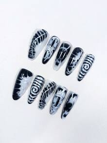 10 naklejek na paznokcie Goth Dark System, wzór kociego oka + czarno-srebrny gradient, tajemniczy filtr przyspawany do opuszków palców, odpowiednie na codzienne randki, popołudniową herbatę i wyjścia