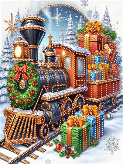 5D Weihnachtszug mit Geschenken Diamant Malerei Set - Teilweise Bohrung Acryl Methylmethacrylat Mosaik Bastelset, Feiertags Heim Wanddekoration, asymmetrische Diamanten, ideales Geschenk für Anfänger und Hobbykünstler DIY Kunst