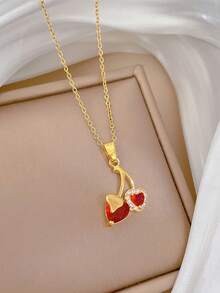1pc Fashionable Stainless Steel Pomegranate & Cherry Pendant Necklace, Suitable For Daily Wear
