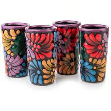 MEXTEQUIL - Vasos Tequileros de Cerámica Talavera Auténtica Mexicana, Set de 4 - Encaje Azul - Negro Floral - Ver 6
