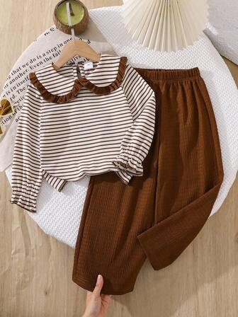 Left Mama 2pcs Girls Casual Cute Peter Pan Collar Striped Top And Solid Color Straight Pants Set, Spring/Autumn