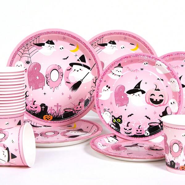 100 piezas/Set incluye 25 piezas de platos, servilletas y vasos desechables con temática de telarañas rosas, fantasmas y calabazas para fiestas de Halloween, adecuado para reuniones, cumpleaños, bodas y picnics familiares (7 pulgadas, 9 pulgadas, 9 onzas) - Feliz Halloween