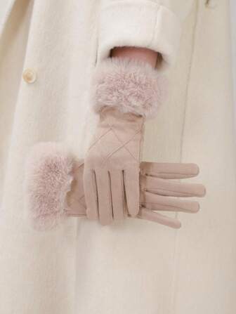 1 Pair Women's Faux Suede Thermal Lined Warm Gloves, Fashion Driving Gloves, Cute For Autumn/Winter