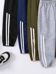 4pcs Set Of Young Boys' Fashionable Sports Contrast Striped Casual Cuff Trousers, Soft And Comfortable Casual Versatile - Sports College Style, Very Suitable For Outdoor Activities In Spring, Summer, Autumn And Winter, School, Cycling, Jogging, Party, Gathering And Daily Home