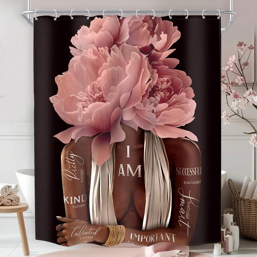 Shower Curtain Set With Hooks, Woman Peony Floral Quotes Girly Bathroom Curtain Set, African American Shower Curtain Set, Inspirational Modern Afro Bathroom Decor - 02pink - 查看 1