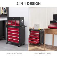 HOMCOM 2 In 1 Rolling Tool Cabinet On Wheels With 14 Drawers, Pegboard And Side Rack, Lockable Top Tool Chest And Roller Cabinet Combo For Workshop And Home, Red - 紅色 - 查看 5