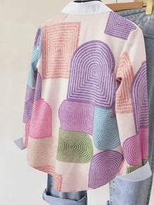 Plus Size Women's Digital Print Casual Long Sleeve Shirt (Random Print) - Purple - View 3