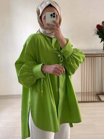 Women's Modest Long Sleeve Button Up Shirt Collar Top With Bishop Sleeves In Woven Fabric