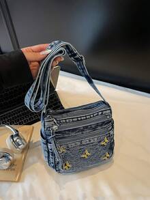 1 chiếc túi đeo chéo denim nữ kiểu dáng thường ngày, túi vuông nhỏ nhiều khóa kéo, nhiều ngăn, phù hợp sử dụng hàng ngày, kiểu dáng denim cổ điển, trang trí thêu hình bướm, túi đeo chéo mini là món quà tốt nhất dành cho các cô gái muốn sự nhẹ nhàng và tiện lợi hơn. - Màu xanh lam - Xem 4