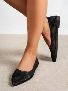 2025 New Pointed Toe Women Shoes, Fashion Lace Patchwork Rose Flat Shoes, Breathable Hollow-Out Outdoor Casual Party Loafers, Elegant & Gentle Style - Mesh Black - View 3