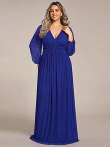 EVERPRETTY Plus Size Elegant Deep V-Neck Long Sleeve Blue Formal Evening Gown, Suitable For Weddings, Galas, Autumn/Winter/Spring - Royal Blue - View 4