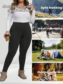 加大码女式羊毛紧身裤，带保暖底裤和口袋，七分裤，可折叠紧身裤，黑色紧身裤