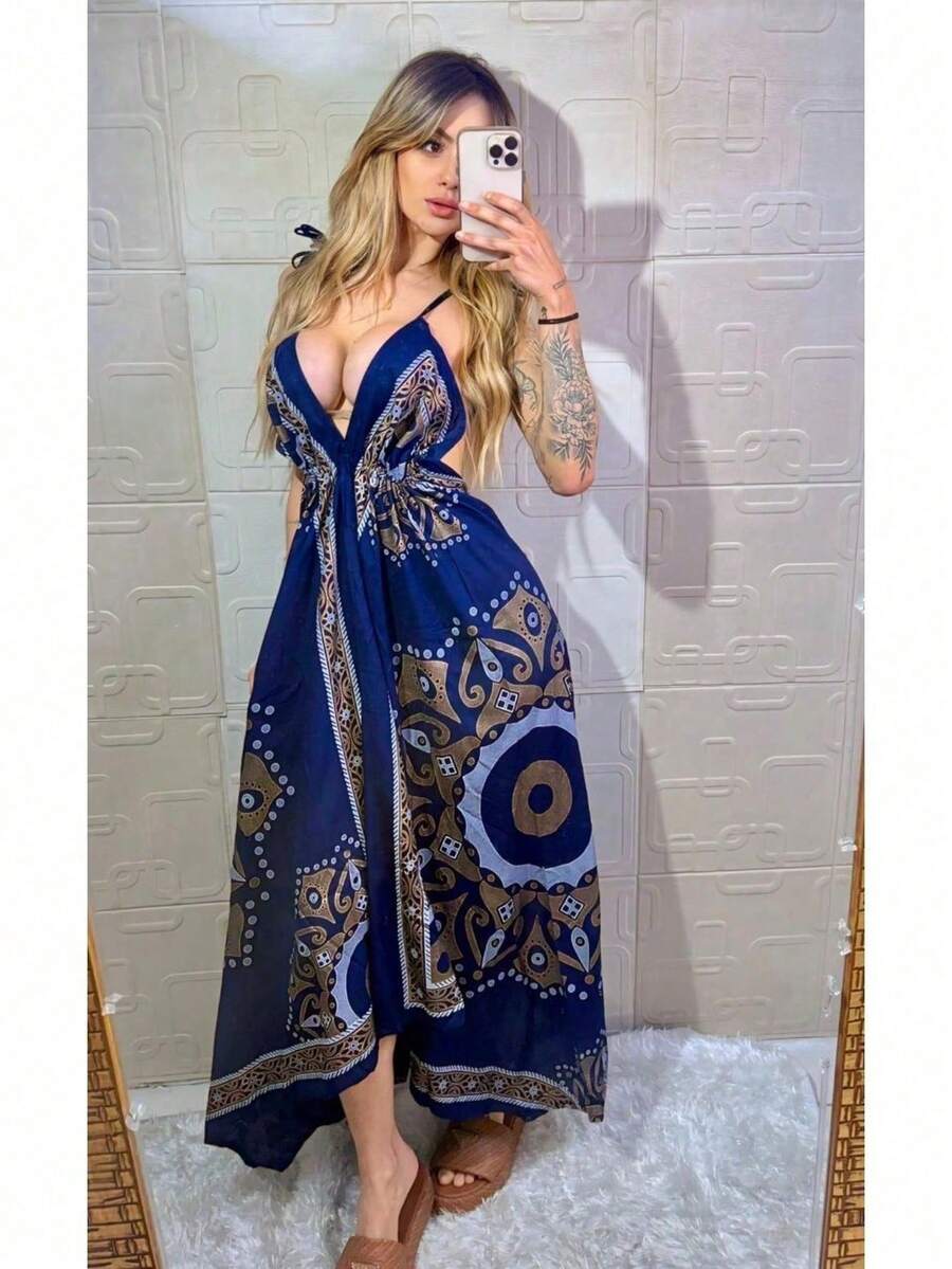 Elegant Dresses Two Scarf Bare Back Women Elegant White Dress Pointed Dress - Màu xanh với vàng - Xem 1