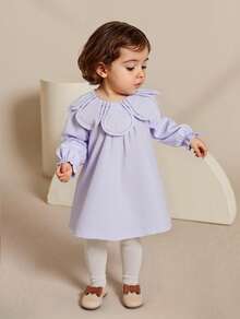SHEIN Vestido holgado de manga larga con diseño de cuello floral elegante para bebé niña, 100% algodón suave apto para piel delicada de bebé, para uso en todas las estaciones, otoño/invierno - Morado - Ver 4