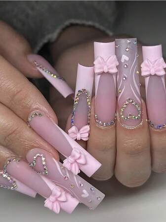 24pcs Extra Long Coffin Shaped Y2K Style Pink French Love Pink Bow DIY Diamond Style Heavy Work Style To Enhance Temperament Nail Piece Set With 1pc Rubbing Strips And 1pc Jelly Glue White Gift Box Suitable For Weddings, Parties, Dances, Daily Wear