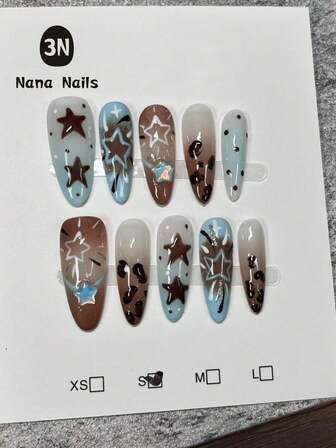 10Pcs Cozy Autumn Winter Leopard Press On Nails Brown With Star Pattern - Chic Mix Of Animal Print & Pentagram Designs For Nails Nail Supplies Nails