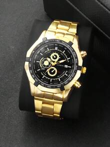 3pcs/Set Men's Oversized Dial Quartz Watch With Alloy Band, Suitable For Business, Sports, Daily Wear, And Beaded Crown Bracelet