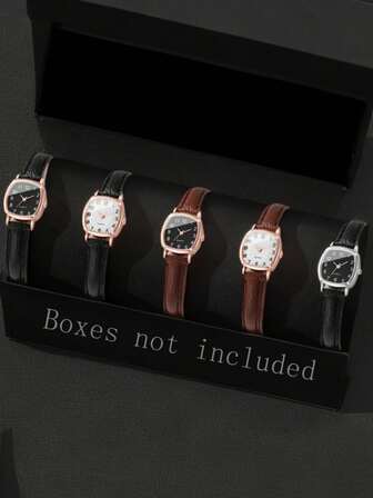 5Pcs Women's Leather Strap Fashionable And Elegant College Style Digital Scale Small Square Dial Quartz Watch Combination Set Suitable For Daily Wear Or Holiday Gift Giving