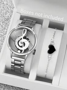2pcs/Set Women's Hollow Music Note Dial Quartz Watch With Steel Band + Heart Shaped Bracelet, Watch Box Not Included - Silver - View 1