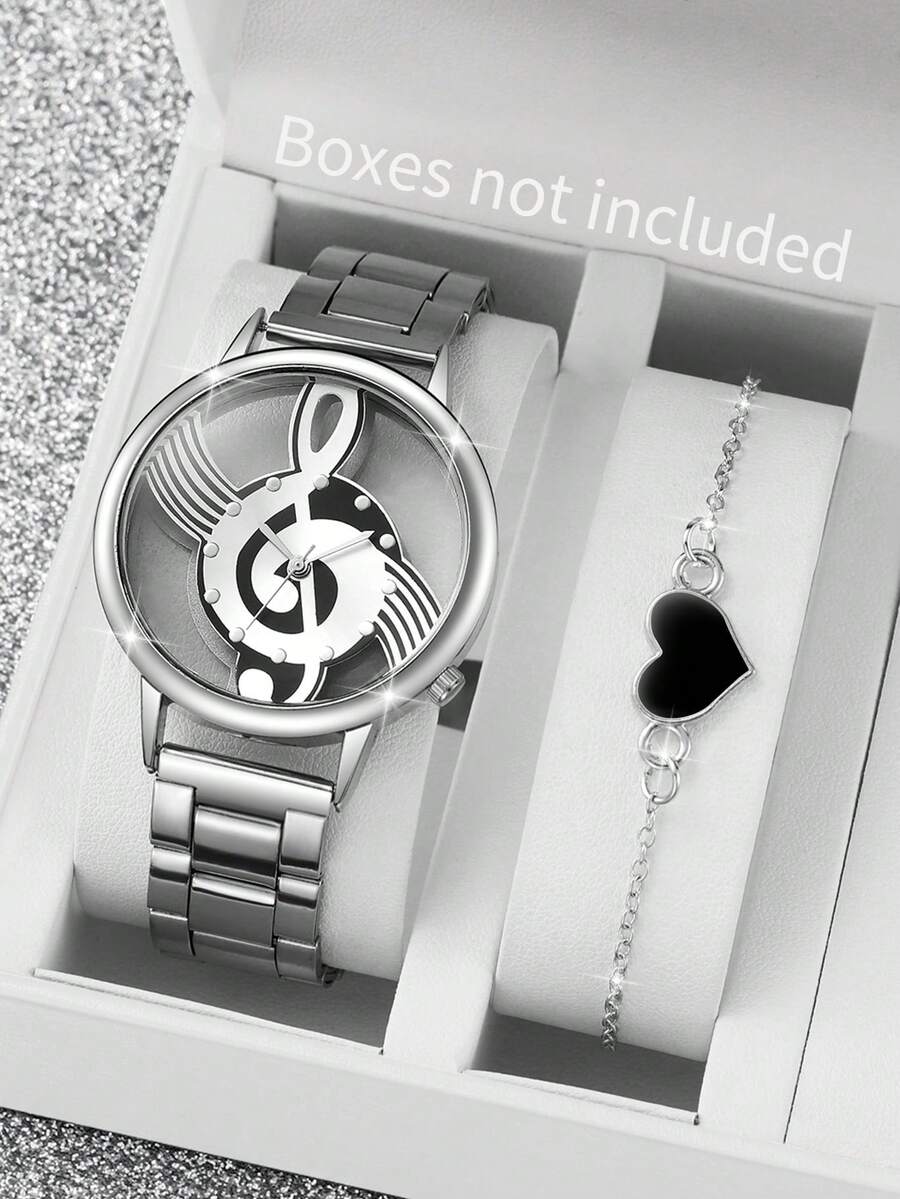 2pcs/Set Women's Hollow Music Note Dial Quartz Watch With Steel Band + Heart Shaped Bracelet, Watch Box Not Included - Silver - View 1