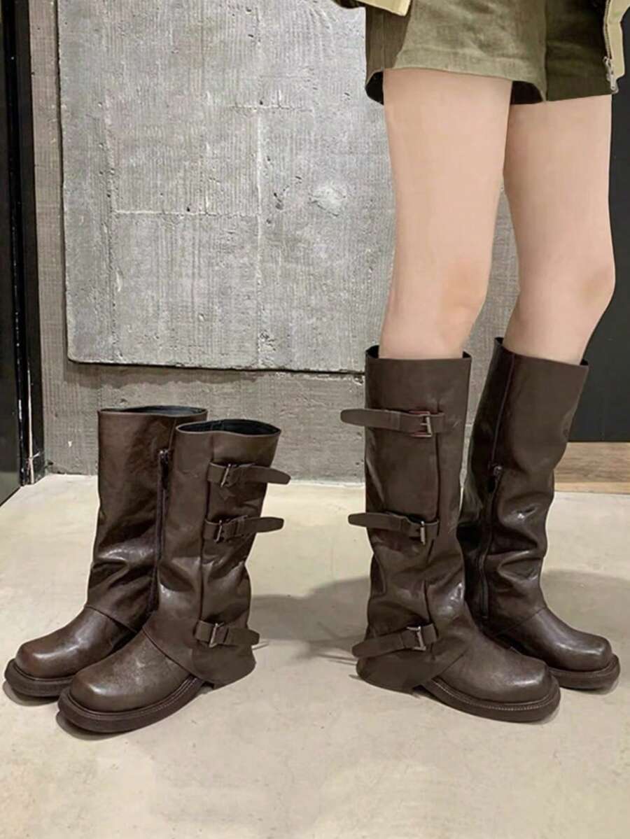 Fall/Winter Thick Sole Buckle Western Boots For Women, Wrinkled Slouch Mid-Calf Boots - Brown - View 1