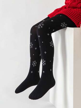1 PC Of Spring And Autumn Thin Girls' Leggings For Babies To Wear As Outerwear, Cute Snowman, Christmas Tree, Snowflake Christmas Element Printed Tights, Black, Simple And Elegant Daily Party Wear