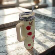Floral Stainless Steel Thermal Mug With Handle, Lid, And Straw For Coffee, Tea, Juice, Or Water. Designed To Be Portable, It's Ideal For Travel, The Gym, The Car, The Office, And As A Gift. - Roxo Prêmio - 查看 5