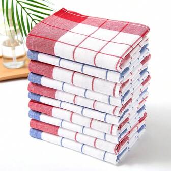 1/12件装洗碗布，2色厨房毛巾，格子图案厨房毛巾，条纹和方格厨房毛巾。蓝色格子。红色格子，适用于厨房和餐厅，厨房用品