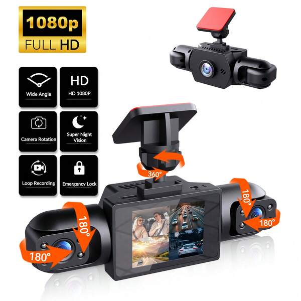Dash Cam For Car, 1080P HD Triple-Channel Dash Cam, Front And Inside Left/Right Camera Dash Camera, Loop Recording, Triple Camera For Cars, Wide Angle, Loop Recording, Night Vision
