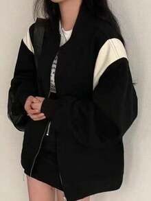 Chaqueta con cremallera de bolsillo de bloque de color para , para primavera - Negro - Ver 4
