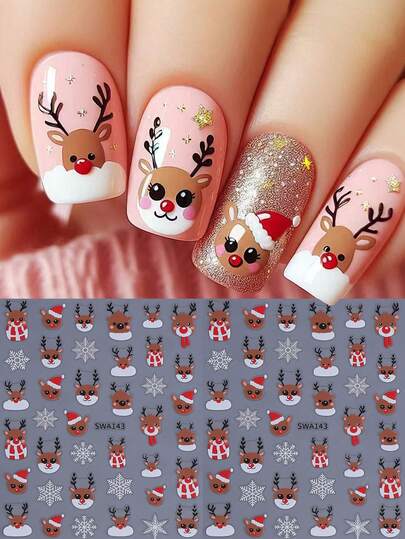 Cartoon Nail Stickers 2PCS Cute Deer White Snowflakes Nail Art Decals Festive Holiday Antlers Nail Art Designs Self Adhesive DIY 3D Stickers Manicure Decor Christmas Gift For Women Girl