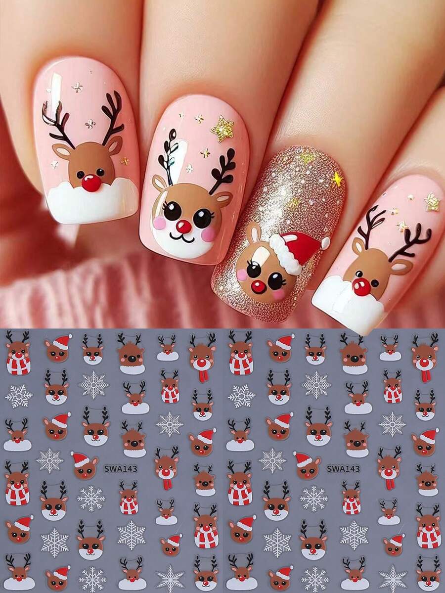 Cartoon Nail Stickers 2PCS Cute Deer White Snowflakes Nail Art Decals Festive Holiday Antlers Nail Art Designs Self Adhesive DIY 3D Stickers Manicure Decor Christmas Gift For Women Girl