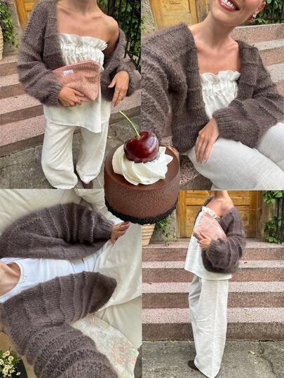 New Fall And Winter Knitted Sweater Brown Cardigan Top,Women Loose Fit Solid Round Neck Long Sleeve Outwear Back To School Basic Loose And Slouchy Style Long - Sleeve Knitted Cardigan