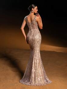 Faeriesty Haute Glamour Luxury Sleeveless Mermaid Sparkly Evening Gown With Deep V-Neck – Dense Shimmering Sequin & Bead Embroidery, Flowing Fish-Tail Skirt For Red-Carpet Luxury Weddings, Brand Galas & Formal Dinners For Women New Year