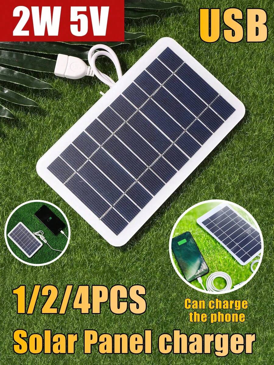 1/2/4片装 2W 5V 太阳能板，户外徒步露营便携式电池移动电源充电板，带 USB 接口，柔性太阳能充电器 - 黑色 - 查看 1